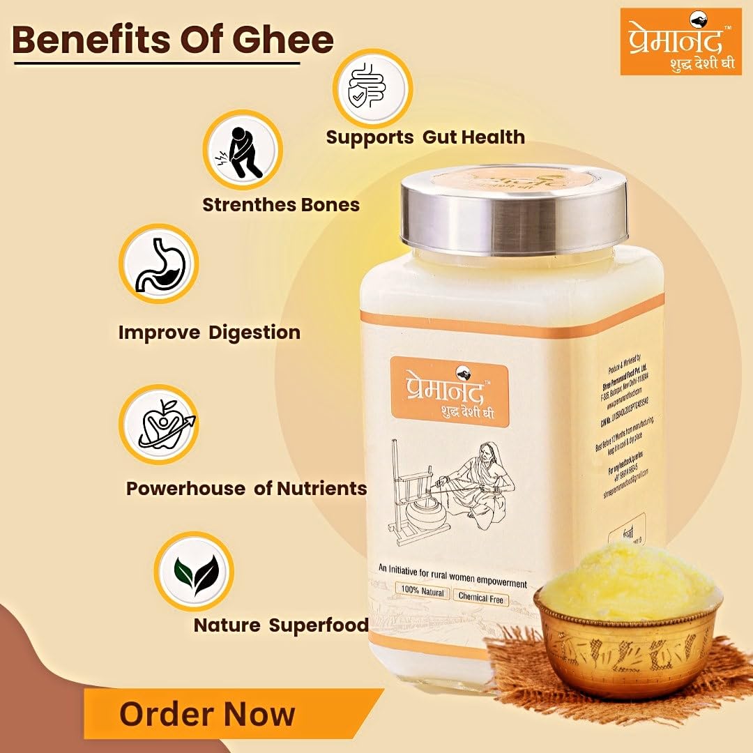 Premium Natural Shudh Desi Ghee By Premanand | Made With Traditional Bilona Method Ghee Perfect For Brain Function | (500ml) 16.9 Ounce | Jar Pack