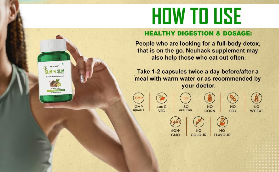 Neuhack Slim N Slim Weight & Fat Management Ayurvedic Veg Capsules With Garcinia Combogia, Pure Plant-based, Natural Being Gelatin - Free & Cruelty - Free | 60 Capsules 100gm 0.2lbs