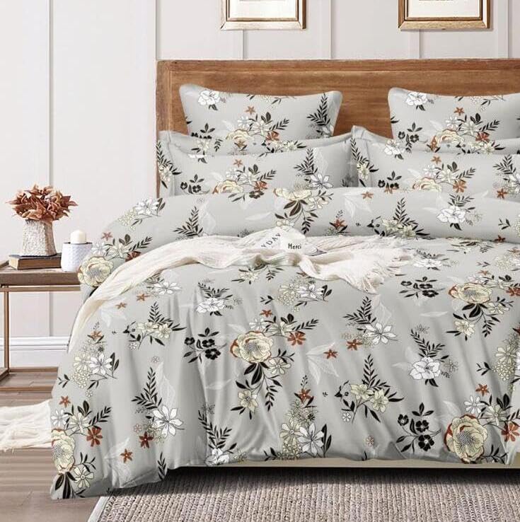 Cotton Queen Size Printed Double Bedsheet With 2 Pillow Covers For Home | 90 X 100 Inches, Grey - Beautiful Bedsheet Set | Perfect For Gifting Wedding, Anniversary
