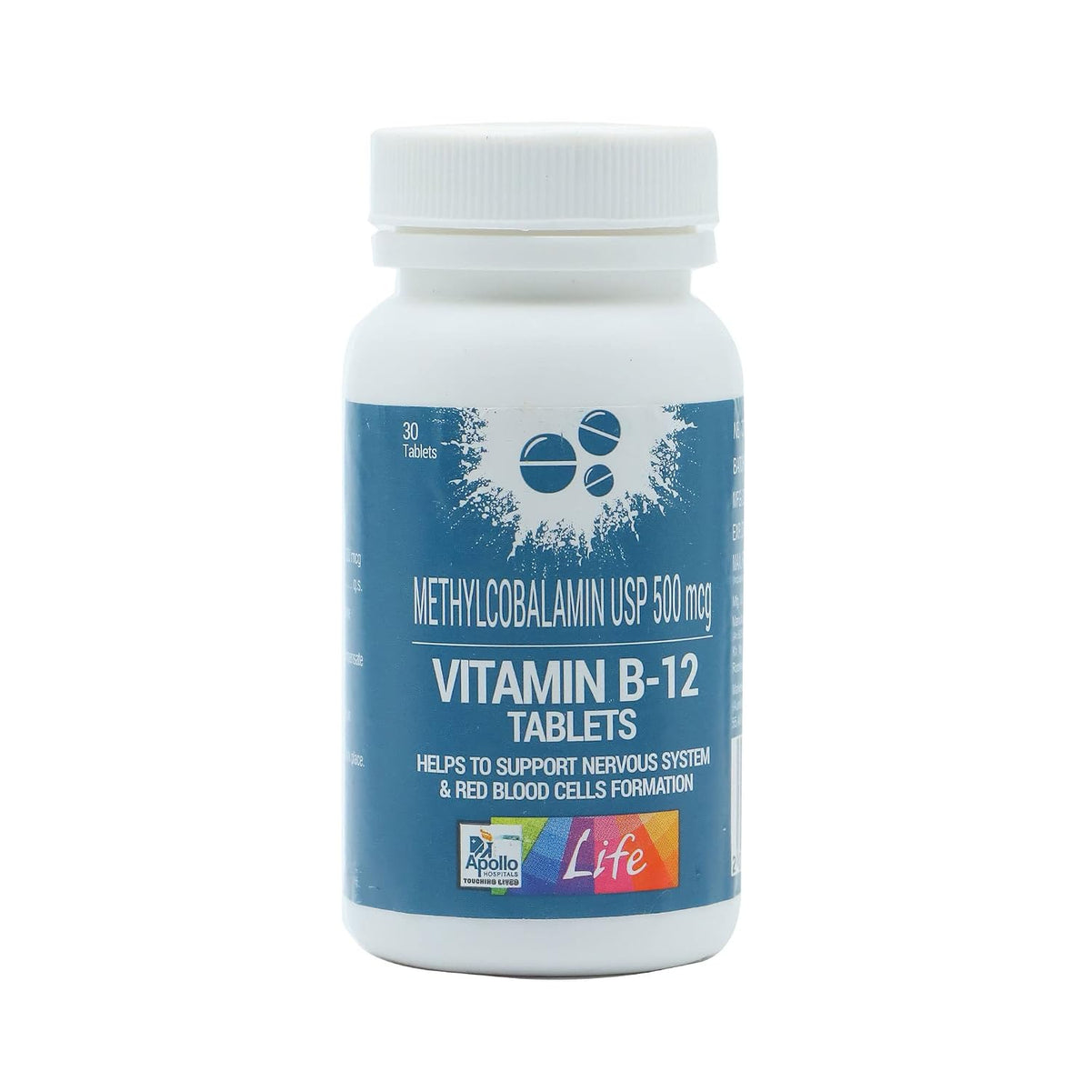 Apollo Life Vitamin B -12 , Keeps Your Nerves And Red Blood Cells Healthy | 30 Tablets , 50gm 0.1lbs