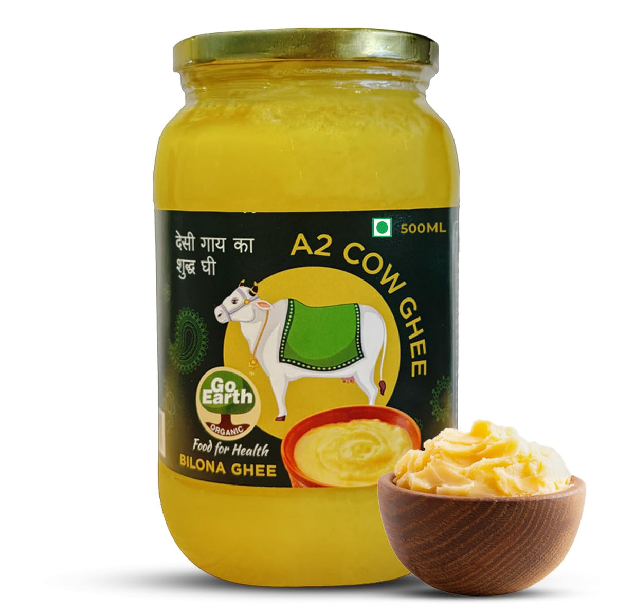 100% Natural A2 Cow Ghee By Go Earth | Pure & Natural Traditional Bilona Method Desi Healthy Ghee For Cooking & Pooja | (500ml) 16.9 Ounce | Jar Pack