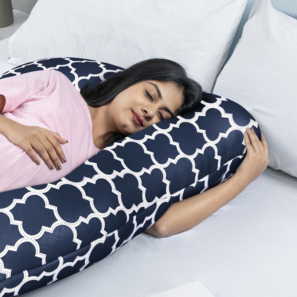 Pregnancy Pillow, J Shaped Pillow, Maternity Pillow For Sleeping - Black | Kiko Printed, 100% Cotton Pillow For Pregnant Mothers | With Breathable & No Heat Fabric - Full Body Support