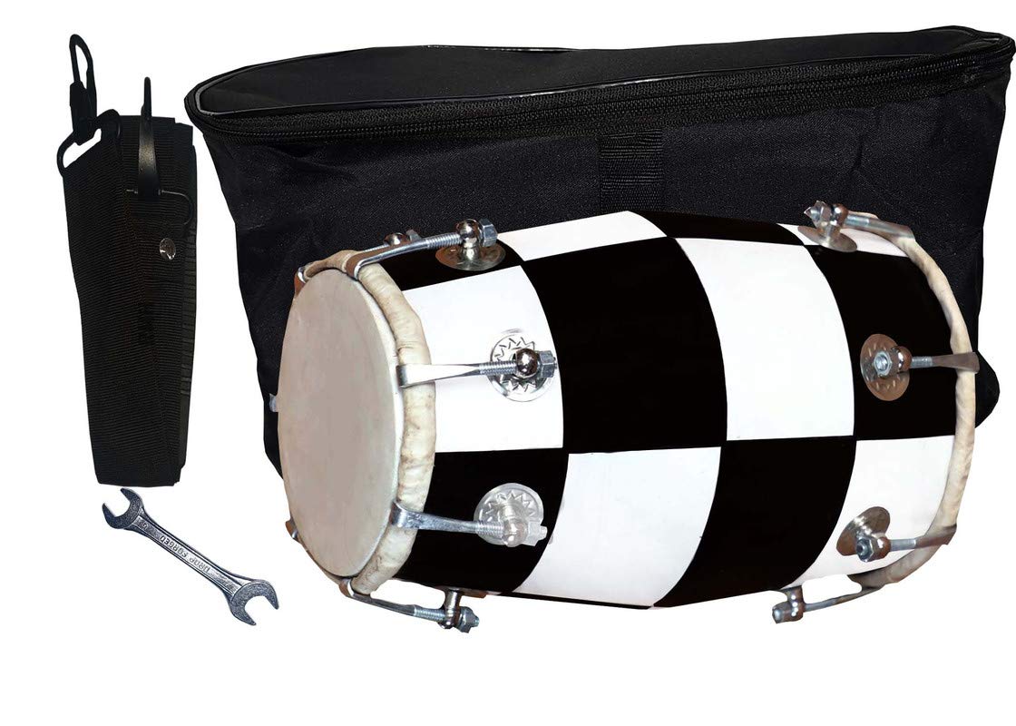 Wooden Musical Instrument Baby Dholak Drum Nuts & Bolt With Full Kit - Black & White | Perfectly Symmetric Round Dholak - Mini Dholak For Festival, Wedding, Satsang | Very Easy To Tune