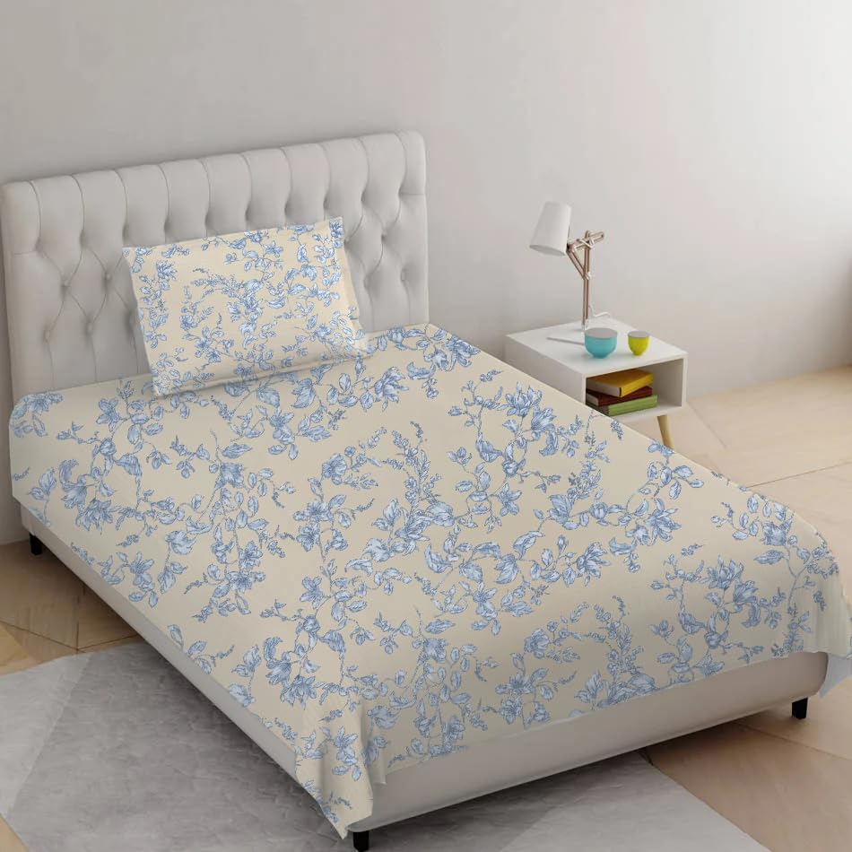 Cotton Printed Single Flat Bedsheet With 1 Pillow Cover - 60 X 100 Inches, Cream & Blue | Breathable & Skin Friendly Bedsheet | Ideal For Year Round Use