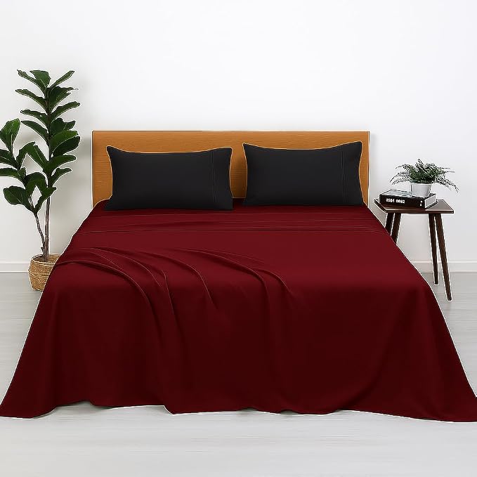 King Size Bedsheet With 2 Pillow Covers - 108 X 108 Inches, Burgundy & Dark Grey | Ultra Soft & Breathable Microfiber, Friendly Summer Bedding