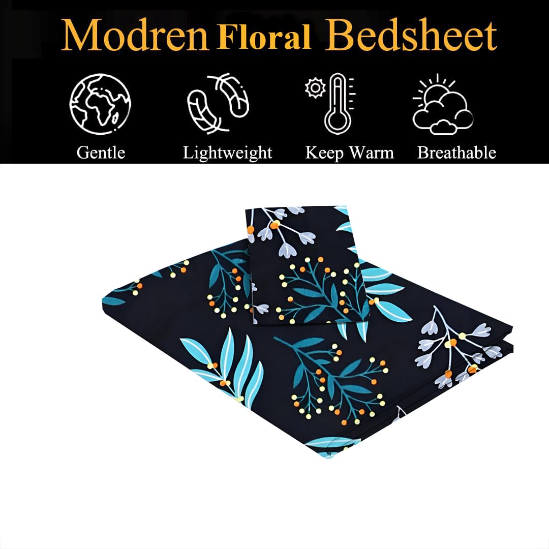 Single Bedsheet With 1 Pillow Covers - 60 X 90 Inches, Black & Blue | Soft Wrinkle Free Breathable Easy Care | Color Fade Resistant Bedsheet