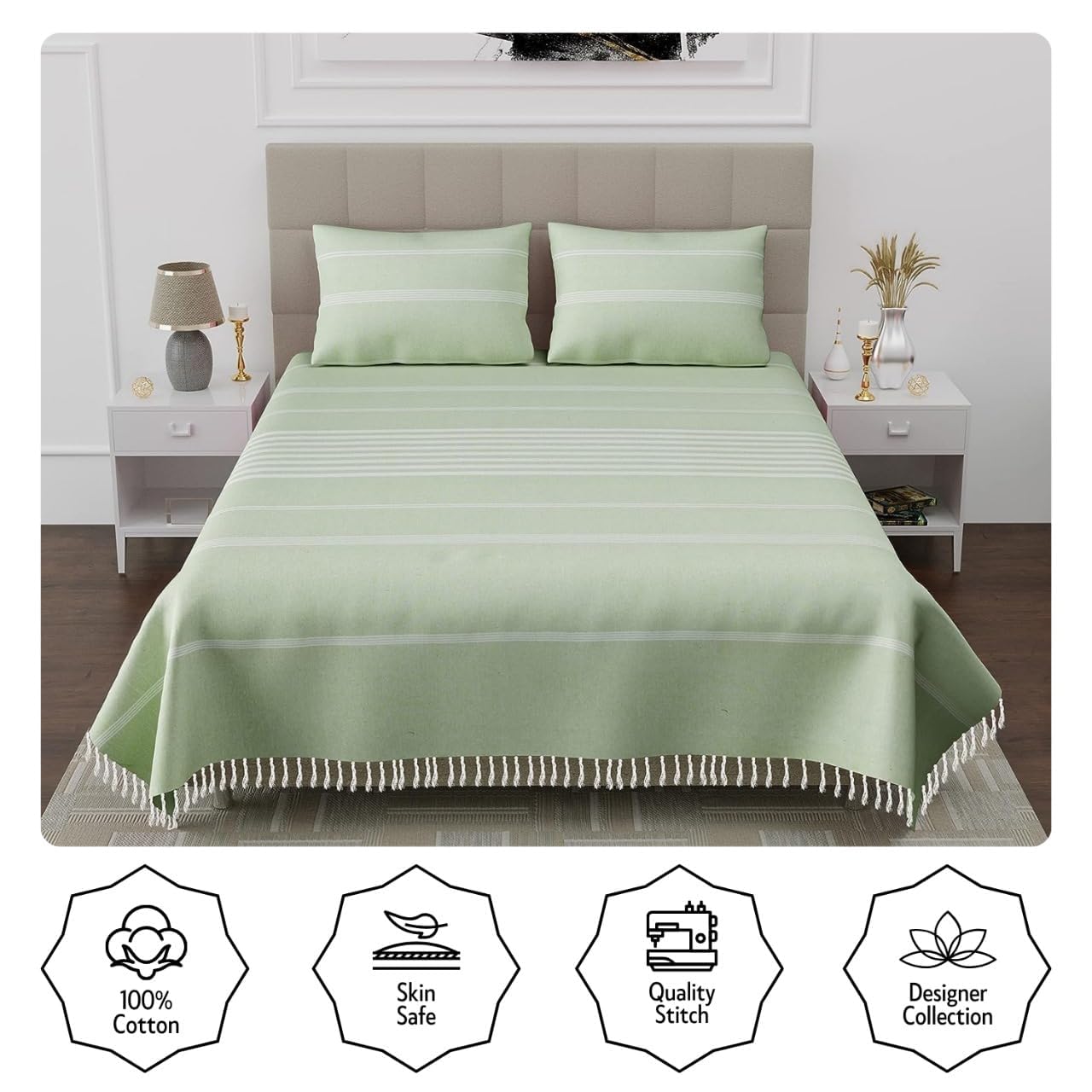 100% Cotton Double Bedsheet With Two Pillow Cover - Queen Size 90 X 100 Inches, Light Green | Handloom Cotton Bedsheets For Double Bed | All Season Comfort