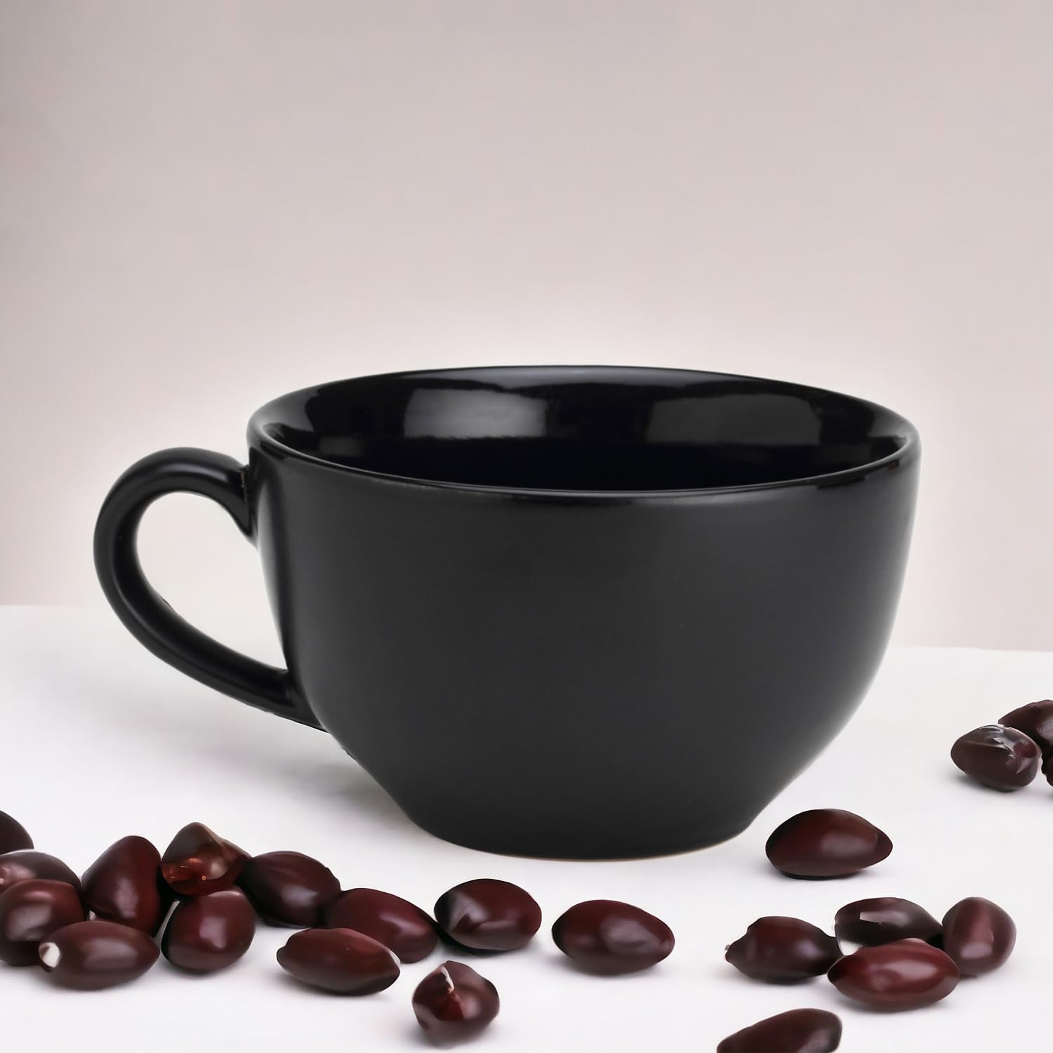 Ceramic Soup & Coffee Wide Large Mug With Handle - Set Of 1, 350ml, Black | Bone Ash Free & Microwave Safe - Mug For Maggi, Cappuccino, Latte, Green Tea
