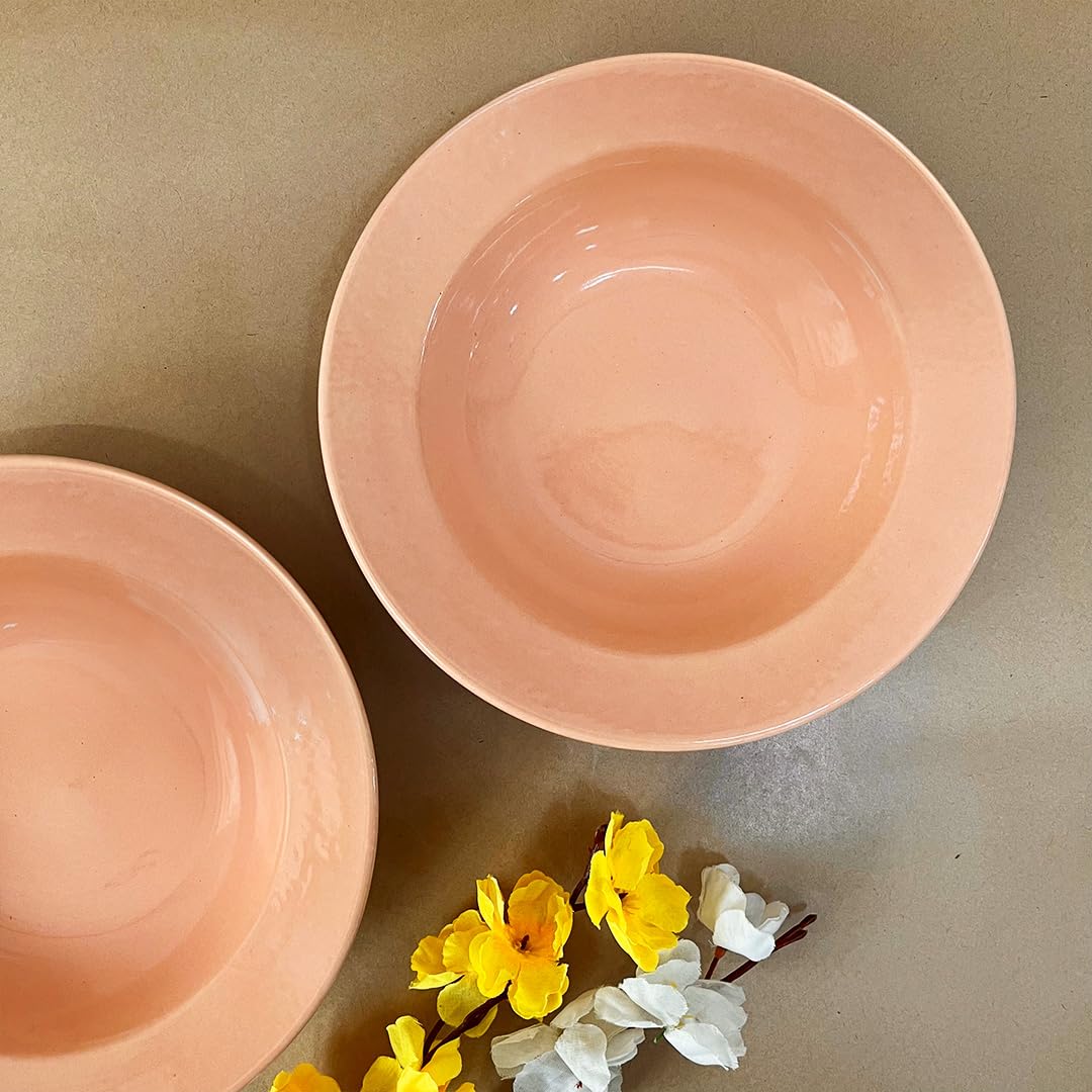 Coral Pink Ceramic Pasta Plates - 2 Pieces | Handcrafted Multi Purpose Ceramic Deep Plates, Snack Plates, Starter Plates - 9 Inch, Microwave Safe & Dishwasher Safe