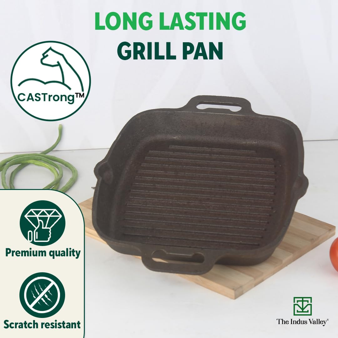 Pre-Seasoned Black Cast Iron Grill Pan With Double Handle - Medium, 26.7 Cm, 10.5 Inch, 1.8 Liters, 3.3 Kg | Induction Friendly, 100% Pure & Toxin-Free, No Chemical Coating