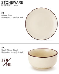 Hand Painted Ceramic Stoneware Dinner Set - Pack Of 6 Pcs, Off-White | 2 Dinner Plates, 10.6 Inch Each + 4 Small Dinner Bowl, 170ml Each - Microwave & Dishwasher Safe