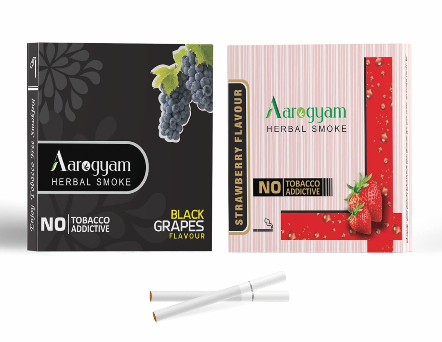 Aarogyam Herbals Pack Of 2 Flavours 100% Tobacco & Nicotine Free Cigarette For Relieve Stress & Mood Enhance Product Strawberry, Black Grapes - 10 Sticks X 2 Packets