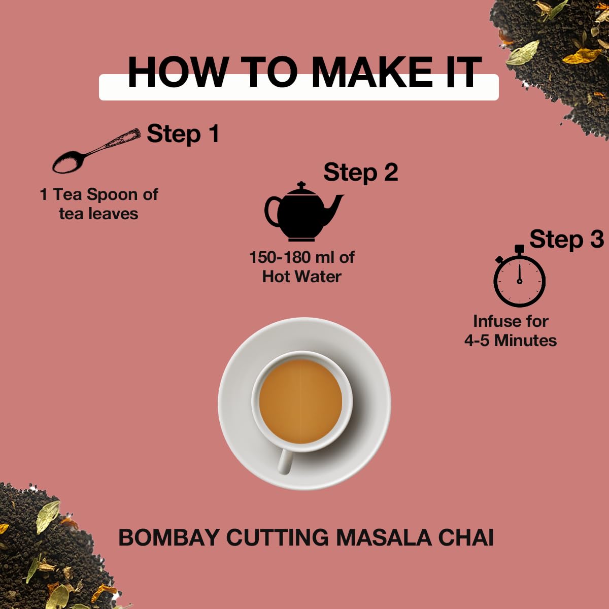 Tea Sense Bombay Cutting Masala Chai - 200gm, 7.05 Ounce | Assam CTC, Cardamom, Fennel, Dried Ginger, Black Pepper - Rich Flavor & Strong Chai Patti, High Caffeine | The Perfect Blend Loose Leaves