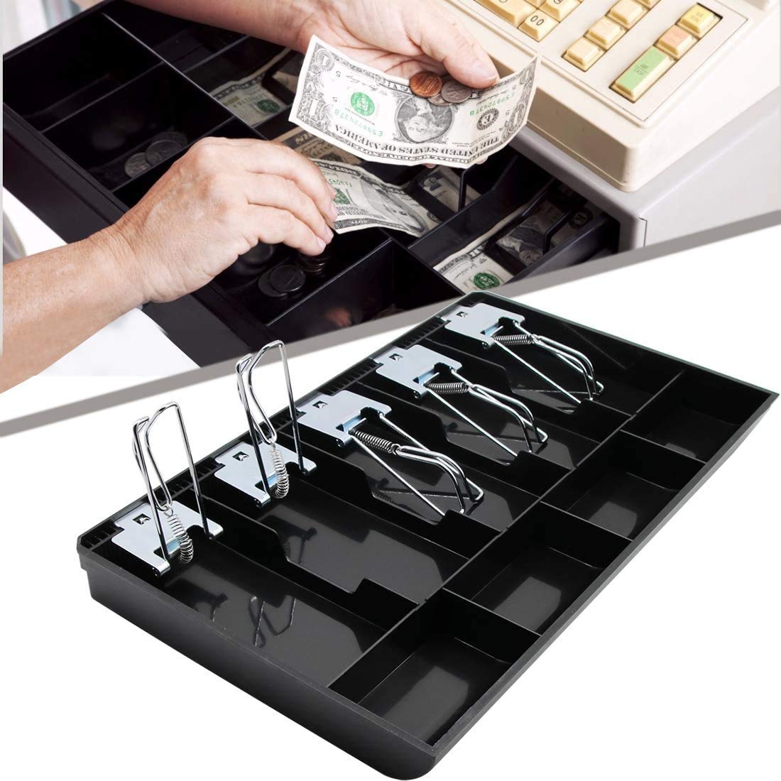 Abs Cash Tray Drawer, 5 Cash & 4 Coin Compartment, Cashier Storage Safe Box | 40.4 X 24 X 3.5 cm, Colour - Black, Material - Abs Plastic