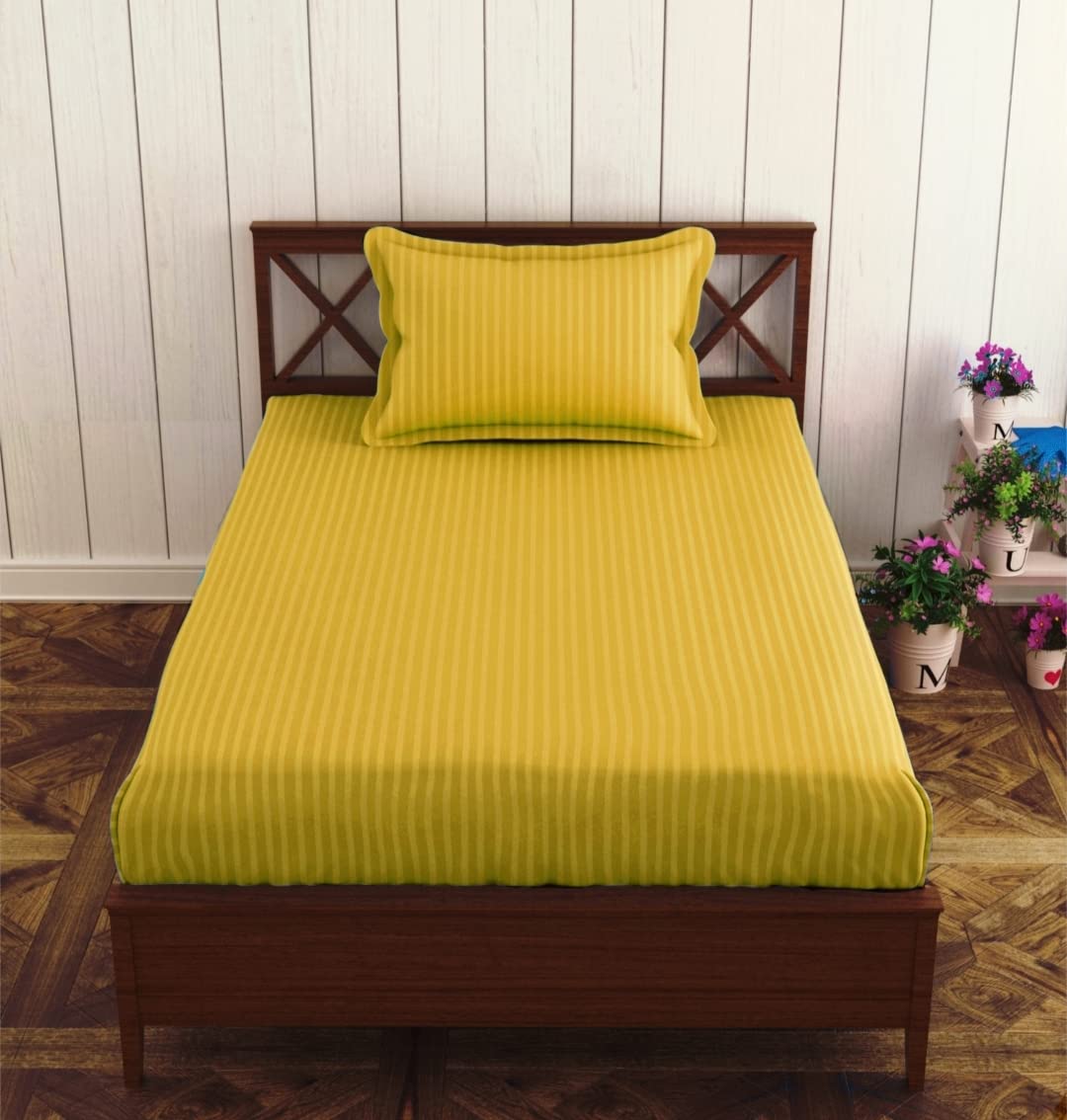 Satin Stripe Single Bedsheet Elastic Fitted With 1 Pillow Cover - 36 X 72 Inches, Yellow | Perfect For Use In A Home, Hotel Or Ideal For Bedroom Style