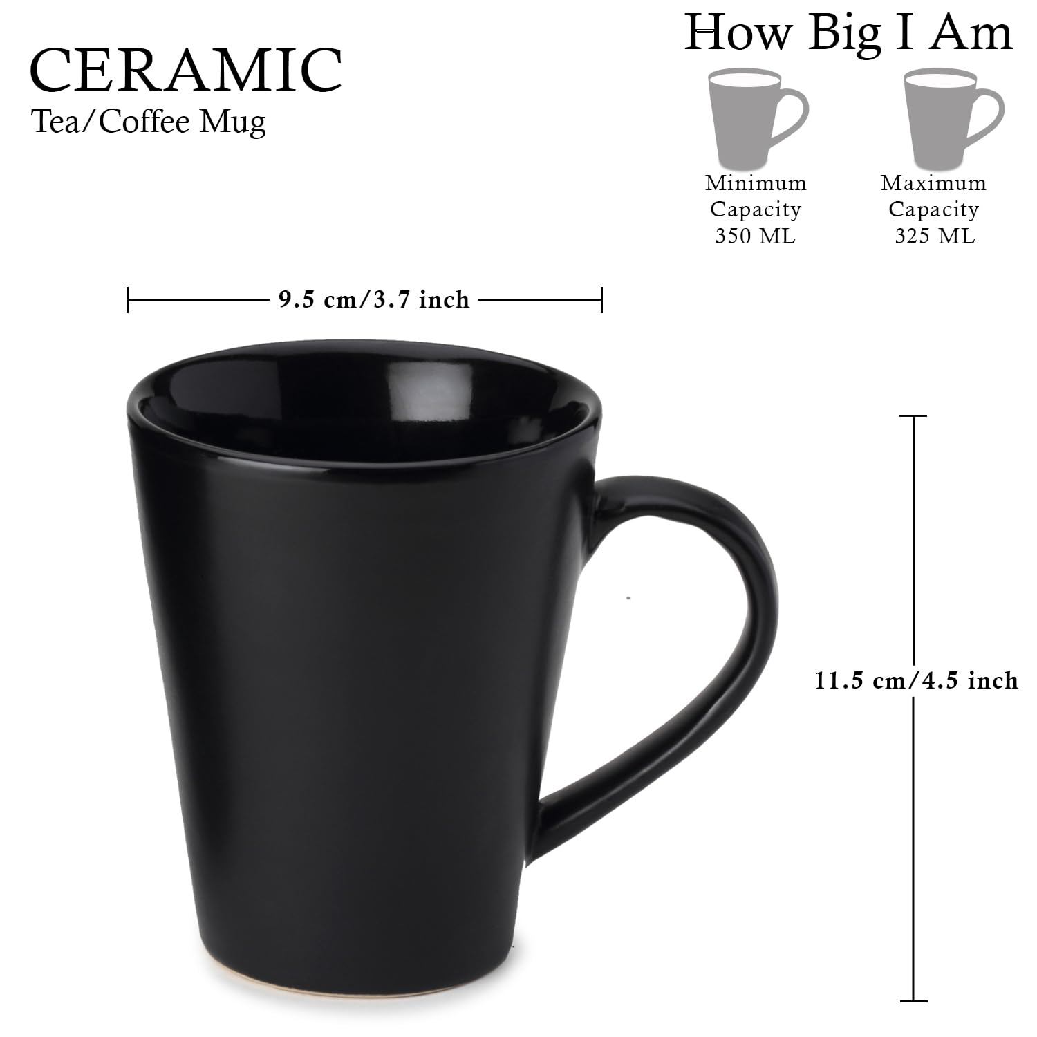 Ceramic Tea & Coffee Serving Mug Set Of 2 - Large, 350ml Each, Black | Ideal For Latte, Cappuccino, Hot Chocolate & Milk - Microwave & Dishwasher Safe | Matte & Glossy Finish