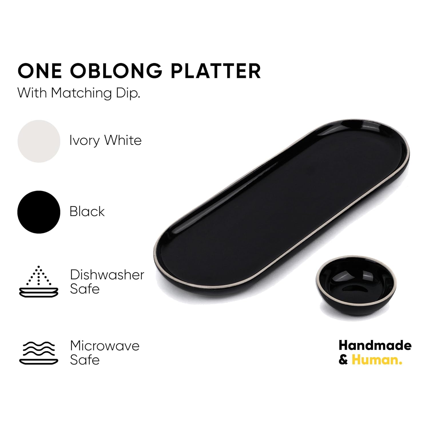 Large Oblong Ceramic Serving Platter, Black Oblong Modern Series | Big Serving Plate Set - Platters Serving Set | Snacks Serving Plates - 1 Serving Platter + 1 Dip Bowl