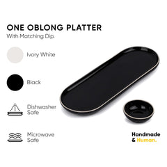 Large Oblong Ceramic Serving Platter, Black Oblong Modern Series | Big Serving Plate Set - Platters Serving Set | Snacks Serving Plates - 1 Serving Platter + 1 Dip Bowl
