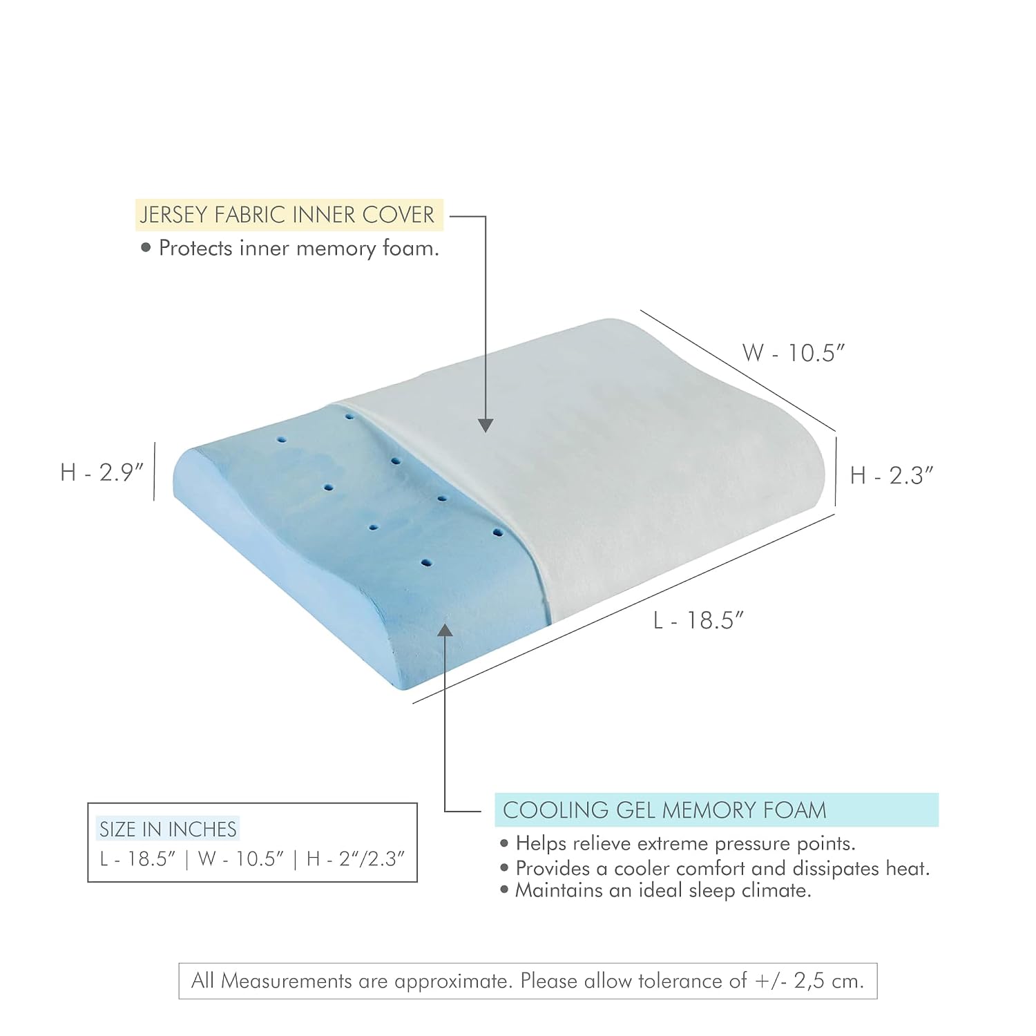 Orthopedic Cervical Cooling Gel Memory Foam Pillow, For Pain Relief, White - 18.5 L X 10.5 W X 2.9 H Inch | For Neck, Shoulder & Spondylitis Pain Relief | Contour Bed Pillow For Sleeping