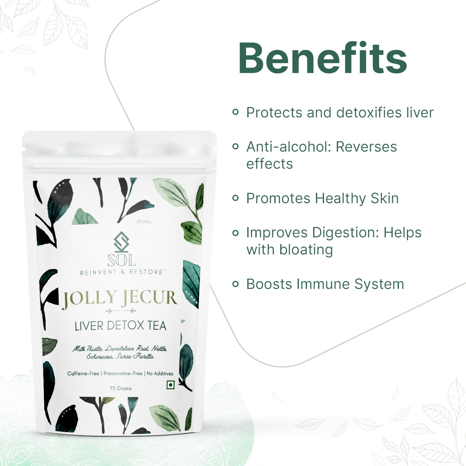 SOL Jolly Jecur Liver Detox Tea - Pack Of 2 X 75gm, 2.6 Ounce Each | Infused With Dandelion Root, Milk Thistle & Nettle - Cleanses Liver & Enhances Kidney Function | Caffeine Free, No Additives