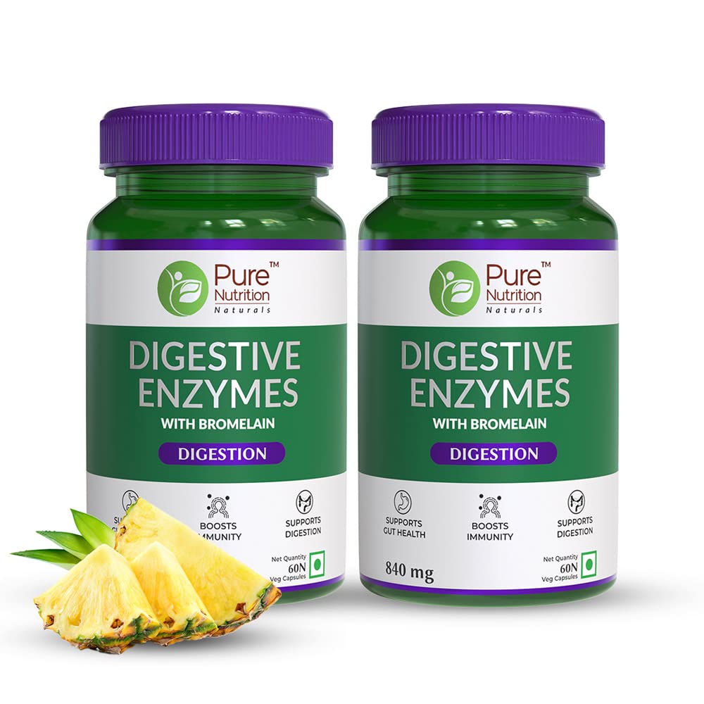 Pure Nutrition Digestive Enzymes, Amylase, Lipase, Protease, Cellulase, Lactase, Bromelain, Better Bioavailability, Digestion & Better Absorption Of Food Nutrients | 60 Veg Capsules, 100gm 0.2lbs