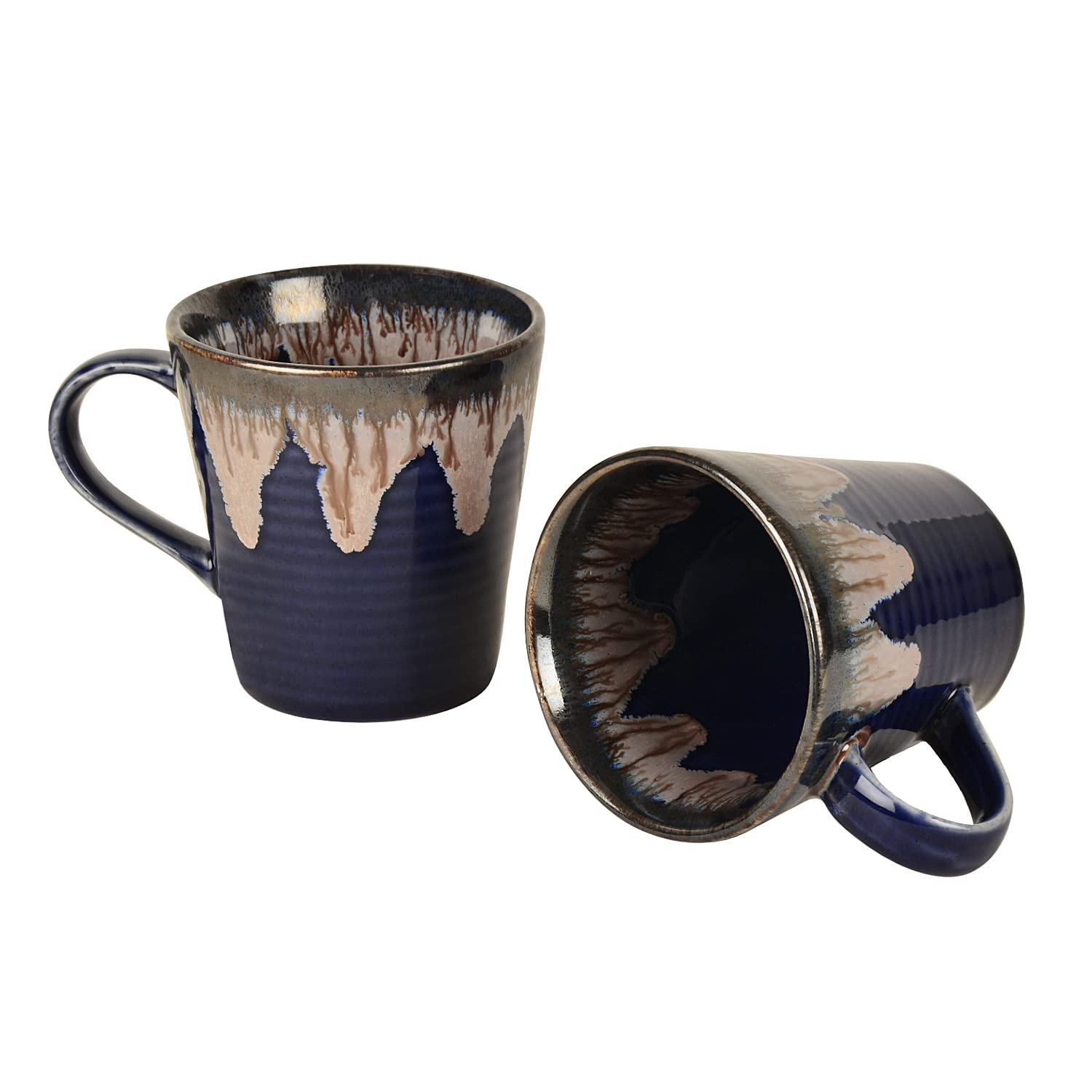 Studio Pottery Flow Design Ceramic Coffee Mugs Set Of 2 - 300ml Each, Blue | Milk Mugs - Chai Cups - Tea Cups & Mugs