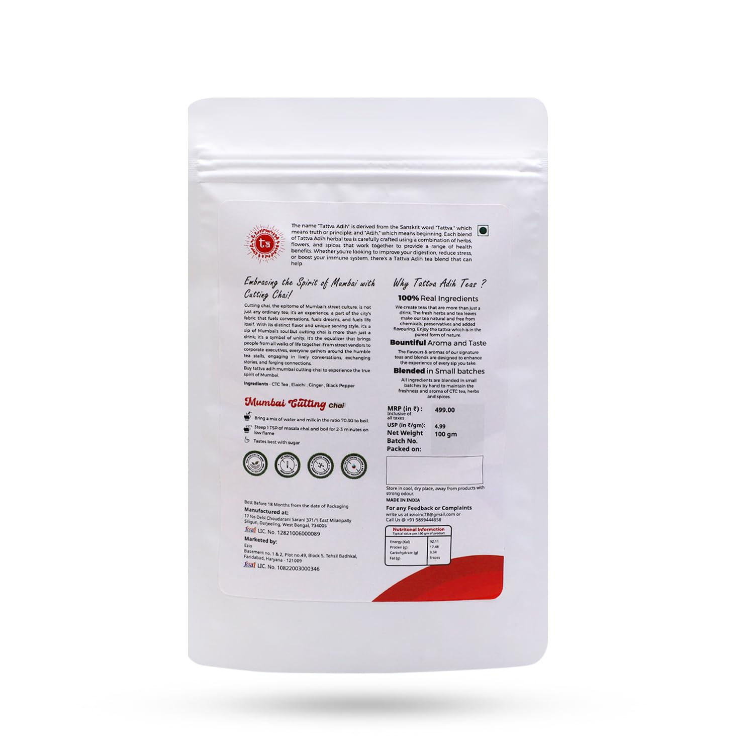 Tattva Adih Mumbai Cutting Chai - 100gm Pouch, 3.5 Ounce, 50 Cups | CTC Blended With Elaichi, Ginger, Black Pepper - Premium Blend In Airtight Container