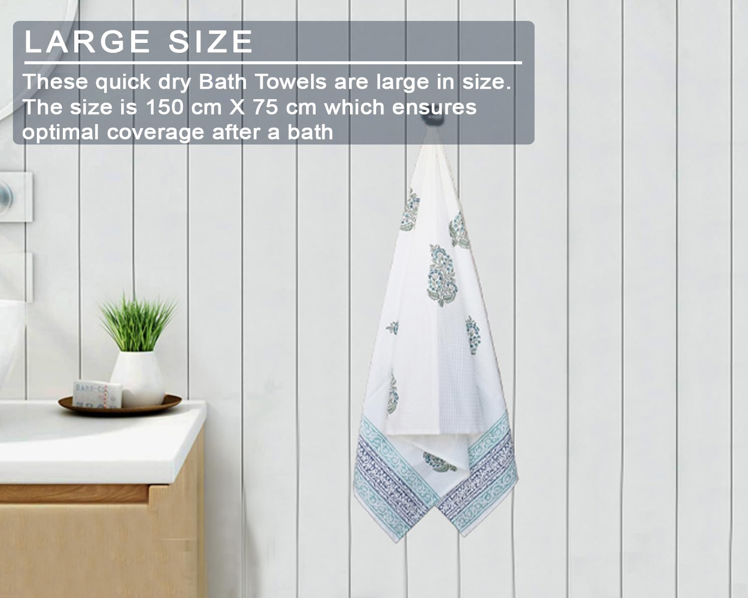 Urbano Homz 100% Cotton Large Size Waffle Weave Bath Towel 200 Gsm | Lightweight & Quick Dry Waffle Weave Ethnic Soft Towels (Grey)