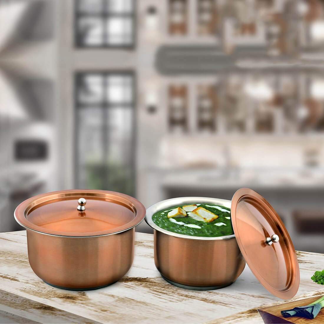 High Grade Stainless Steel Copper Tope With Lid Set Of 2 Pcs | Copper Coating & Inside Silver Color, Size 16 Cm, 1.1 Liters + 18 Cm, 1.6 Liters