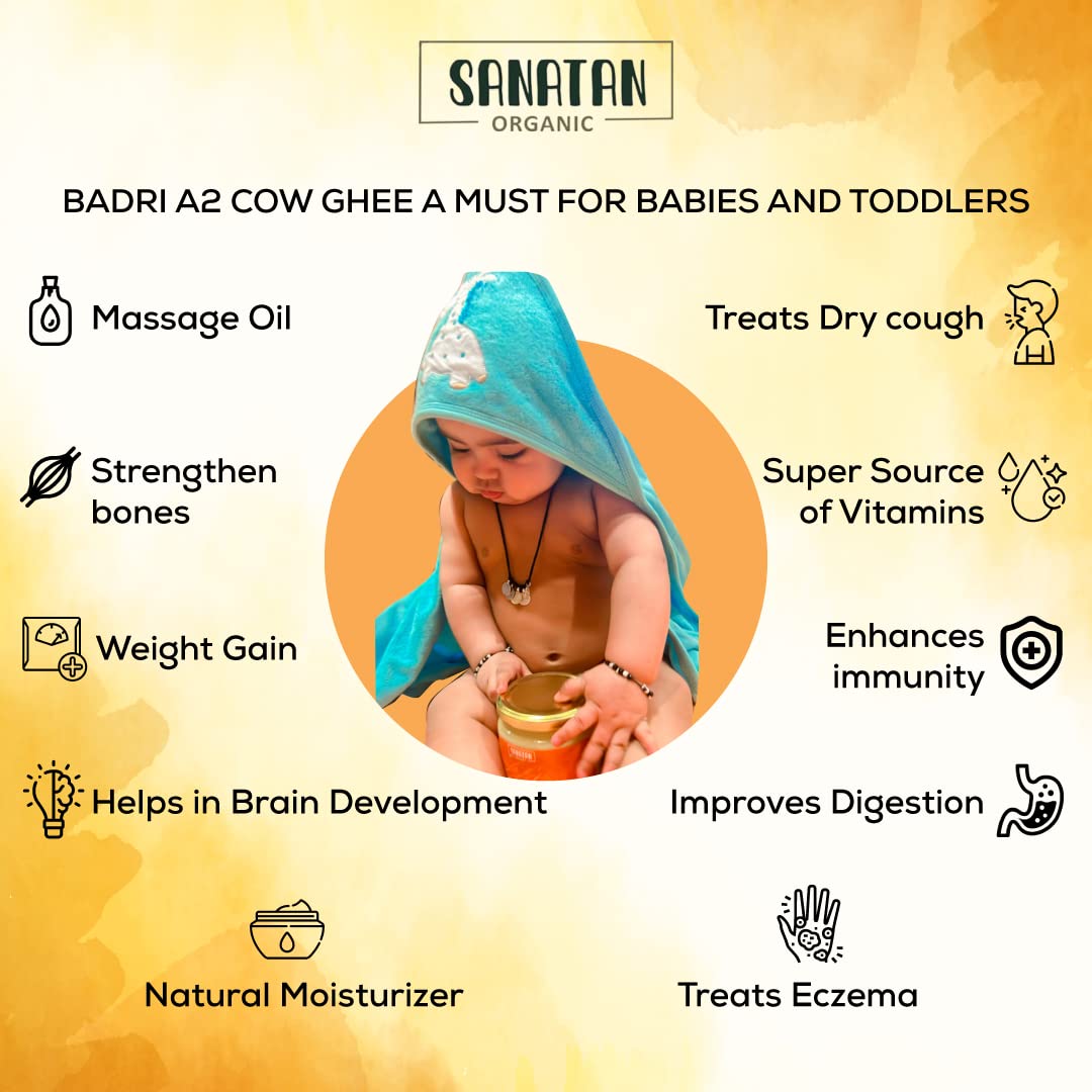 Pure Organic Badri Cow A2 Bilona Ghee By Sanatan Organic | Rich Source Of Vitamin A & Protein Fiber Healthy Pure Desi Cow Ghee For Baby Massage | (500ml) 16.9 Ounce | Jar Pack