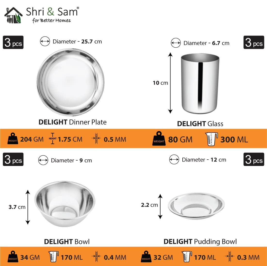 Stainless Steel Delight Solid Dinner Set Of 18 Pieces, Silver | 3 Dinner Plates+ 3 Glasses+ 3 Bowls+ 3 Pudding Bowls+ 3 Dessert Spoons+ 3 Dessert Forks - Easy To Clean & Dishwasher-Safe
