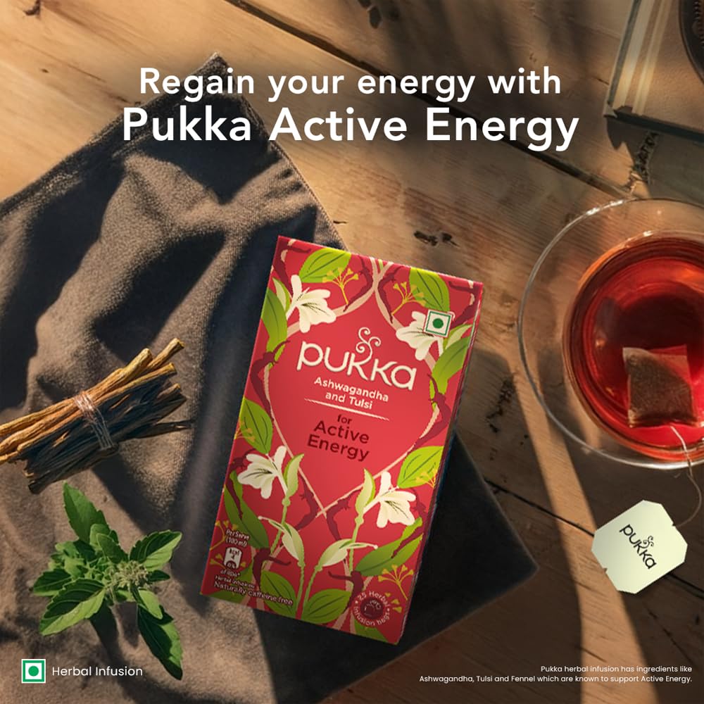 Pukka Ashwagandha & Tulsi Tea For Active Energy - 25 Infusion Tea Bags | Enhances Metabolism, Contains Antioxidants - Caffeine Free