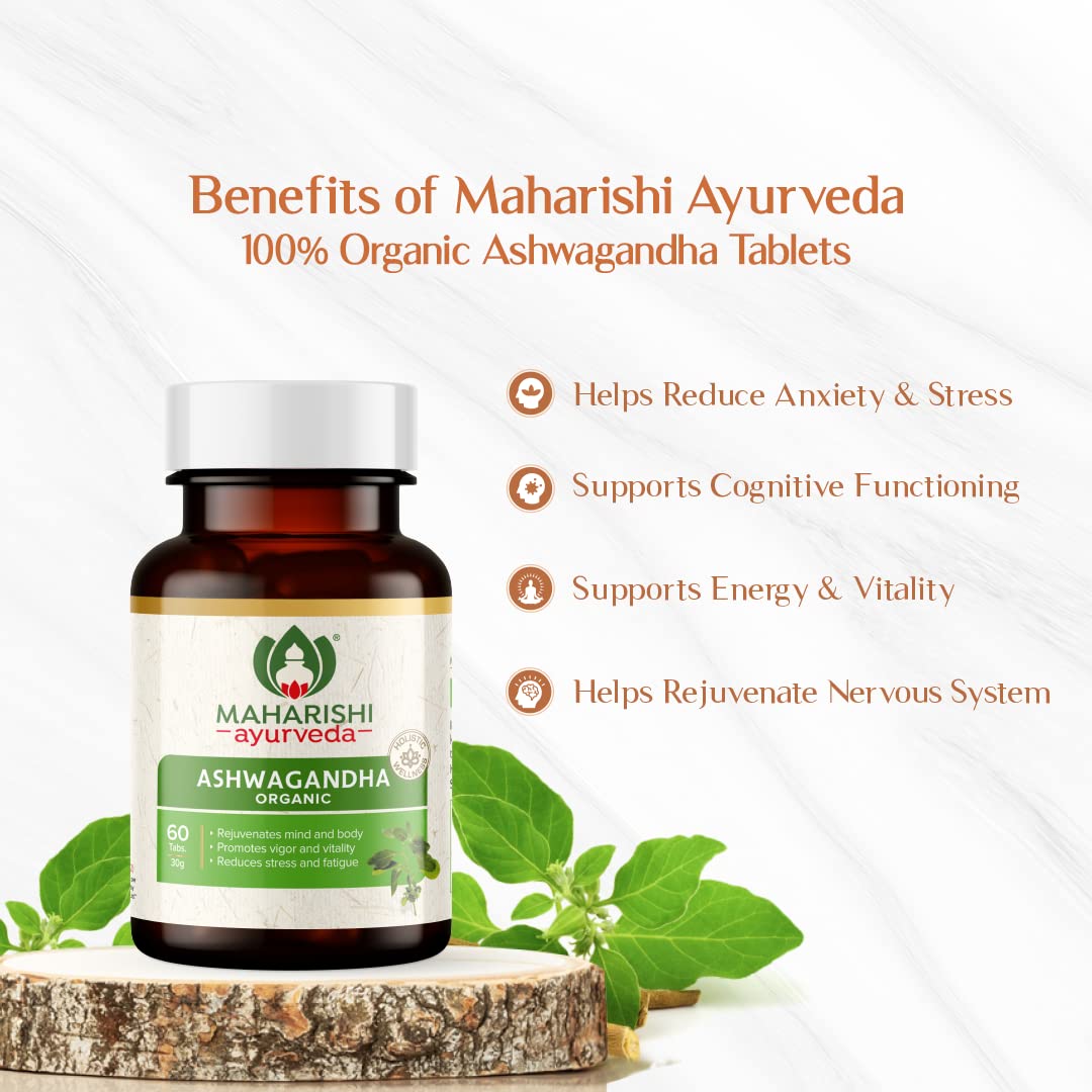 Maharishi Ayurveda Organic Ashwagandha 100% Organic General Wellness Tablets Rejuvenates Mind & Body, Made With Pure Herbs | 60 Tablets 100gm 0.2lbs