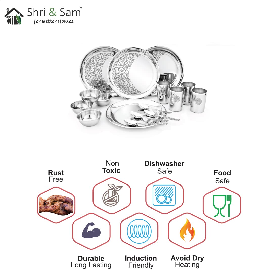 Designer Stainless Steel Delight Laser Bloom Dinner Set Of 16 Pieces, Silver | 4 Dinner Plates+ 4 Glasses+ 4 Bowls+ 4 Dessert Spoons