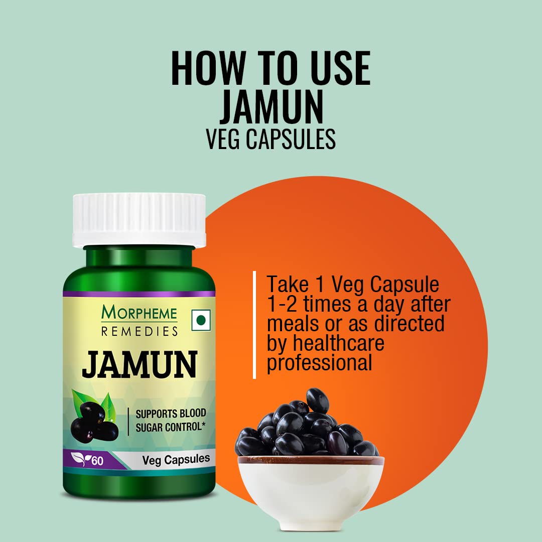 Morpheme Remedies Jamun 500mg, Control Sugar & Powerful Source Of Antioxidants | 60 Veg Capsules 100gm 0.2lbs Each Pack Of 3
