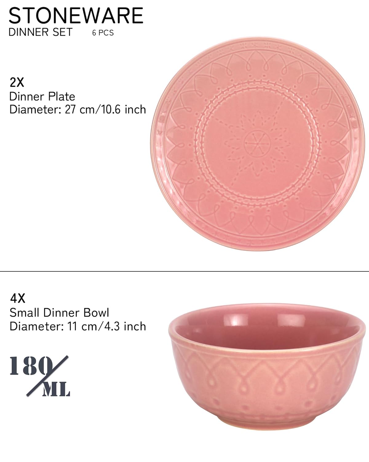 Handcrafted Stoneware Embossed Ceramic Dinner Set Of 6 Pcs - Light Pink | 2 Dinner Plates + 4 Small Dinner Bowls, 180ml Each - Microwave & Dishwasher Safe