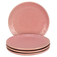 Ceramic Hand Glazed Stoneware Embossed Small Plates Set Of 4 - 7.4 Inch, Light Pink | Microwave Safe & Dishwasher Safe – Handcrafted Quarter Plates Set