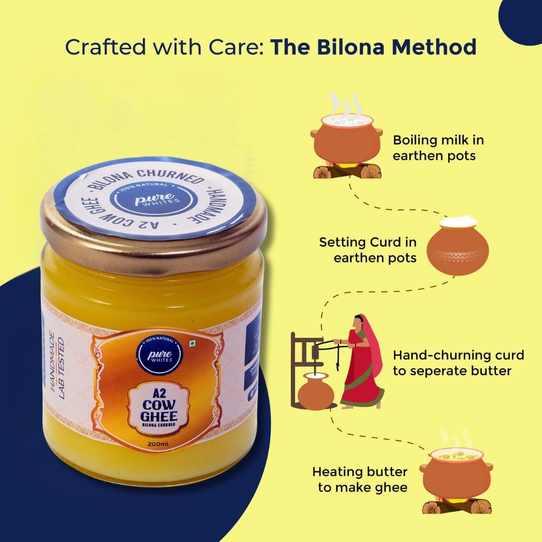 Pure A2 Cow Ghee By Pure Whites | Homemade Organic & Fresh Ghee Prepared Using Traditional Vedic Bilona Method | (200ml) 6.7 Ounce | Jar Pack