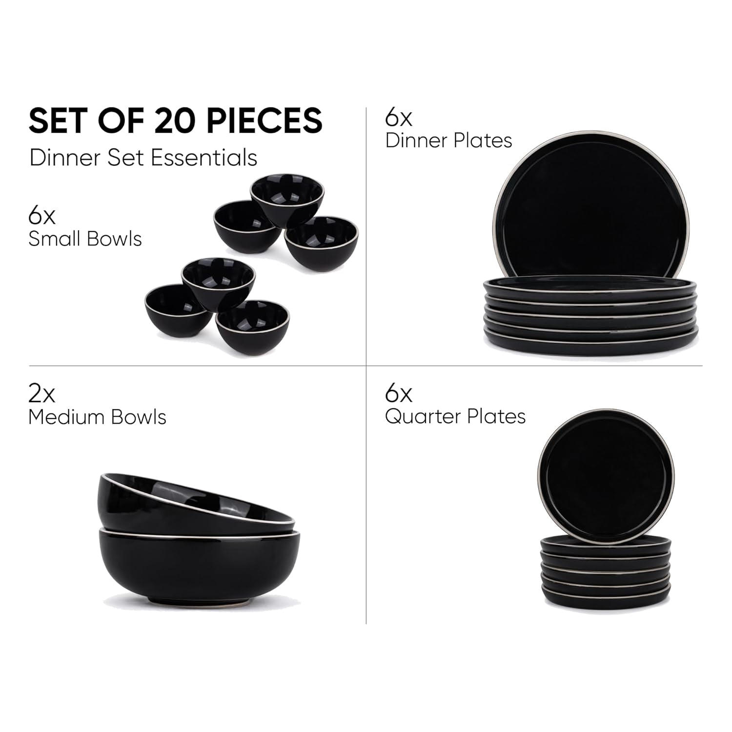 Ceramic Dinner Set Of 20 Pcs, Black Rim | Crockery Set For Dining Table - Glossy Finish Premium Stoneware | 6 Dinner Plates + 6 Quarter Plates+ 6 Veg Bowls, 180ml Each+ 2 Medium Bowls, 800ml Each
