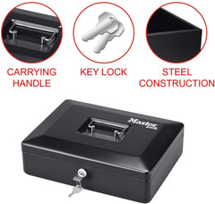 Key Lock Metal Cash Box, Portable Double Layer Money Tin With Coin Tray Keeping Your Money Safe On The Go, 12 Inch, Colour - Black