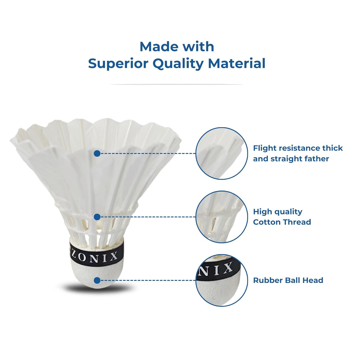 Zonix Premium Feather Shuttlecocks , Superior Flight And Durability | White , Pack Of 6