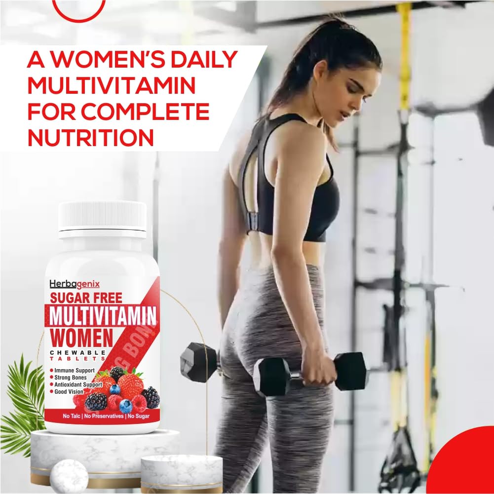 Herbagenix Multivitamin For Women, With Zinc, Vitamin C, D3, B12, Folic Acid, Biotin & Multiminerals, Antioxidant, Immunity & Superfoods Blend | 60 Chewable Tablets , 100gm 0.2lbs