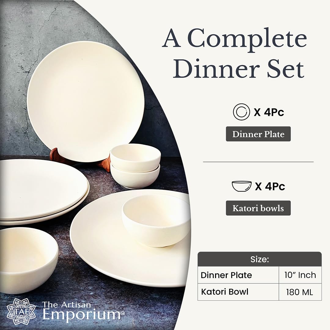 Subhra Handcrafted Ceramic Dinner Set - 8 Pieces | 4 Dinner Plates + 4 Katori Bowls, 180ml Each | Matte Finish White Dinnerware Set | Serving For 4, Microwave Safe & Dishwasher Safe