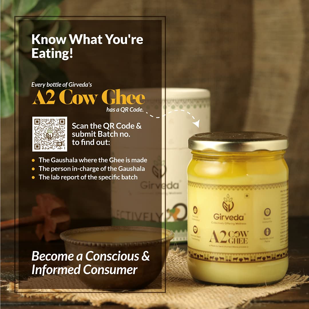 Natural A2 Cow Ghee By Girveda | Natural & Healthy Gir Cow Cultured Desi Ghee Perfect For Frying | (500ml) 16.9 Ounce | Jar Pack