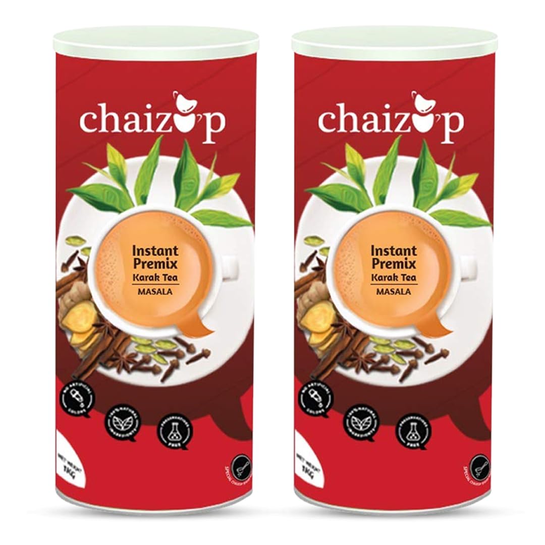 Chaizup Premium 1 Min Instant Masala Tea Premix - Pack Of 2 X 1 Kg Can, 35.2 Ounce Each | Just Add Hot Water - Assam Masala Chai Powder | Low Caffeine, No Added Color - Home Like Tea