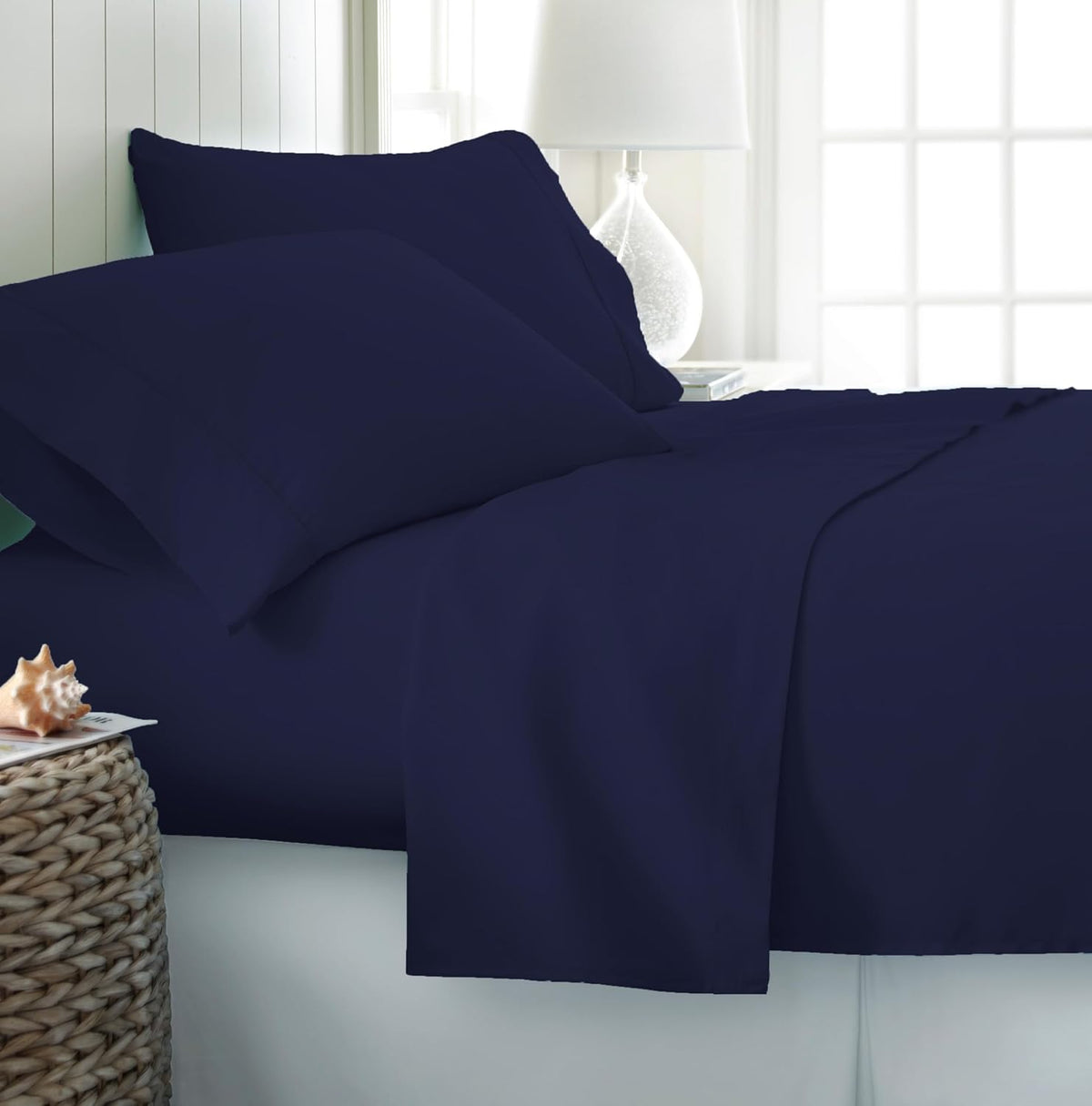 Solid King Size Fitted Bedsheet With 2 Pillow Cover - 72 X 78 + 12 Inches, Navy Blue | Comfortable, Wrinkle Resistant, Fade Resistant & Environmentally Friendly