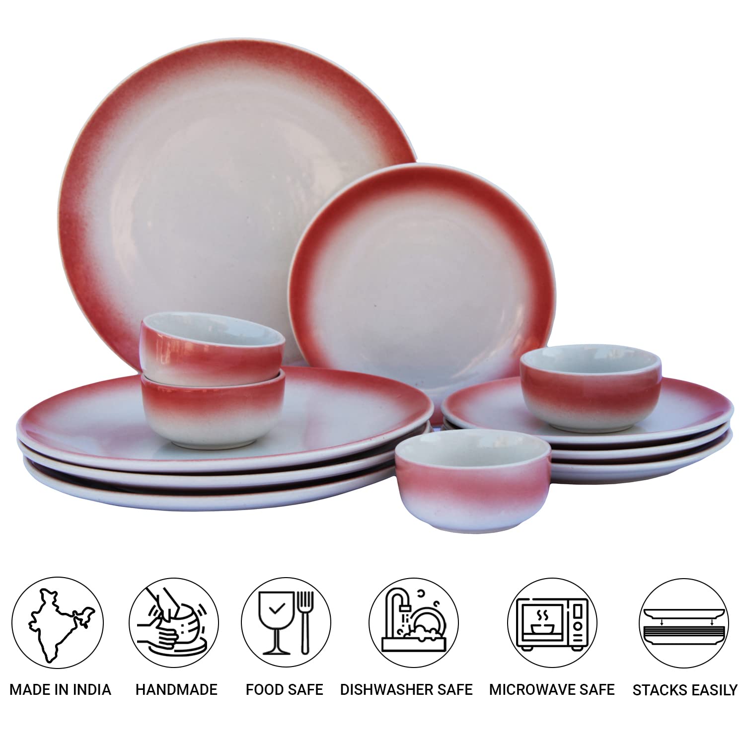 Handcrafted Ceramic Stoneware Dinner Set - Pack Of 12 Pcs, Off White & Red | 4 Dinner Plates, 10 Inch Each + 4 Small Plates, 7 Inch Each+ 4 Small Dinner Bowl, 180ml Each - Microwave & Dishwasher Safe