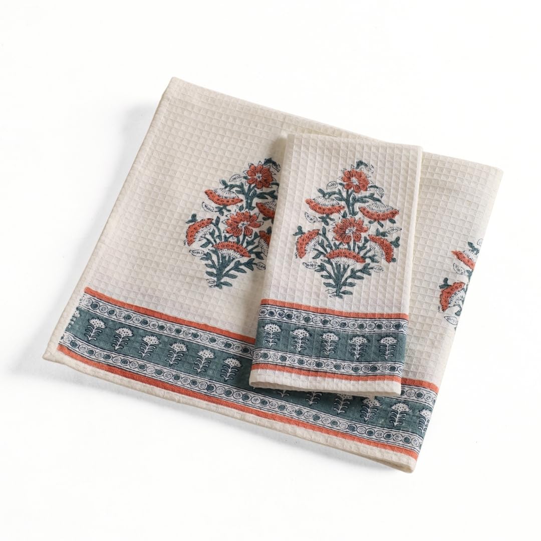 Peepul Tree 100% Pure Cotton Block Printed Hand & Bath Towels 240 Gsm | Super Absorbent, Soft & Faster Drying, Floral Printed (Peach & Teal)