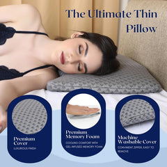 Ultra Slim Pillow, Memory Foam Pillow For Sleeping, Size - 25.5 X 16.5 X 1 Inch | Ultra Thin Pillow For Neck Pain Relief - Thin Cervical Pillow For Neck Support - Thinnest Orthopedic Pillow