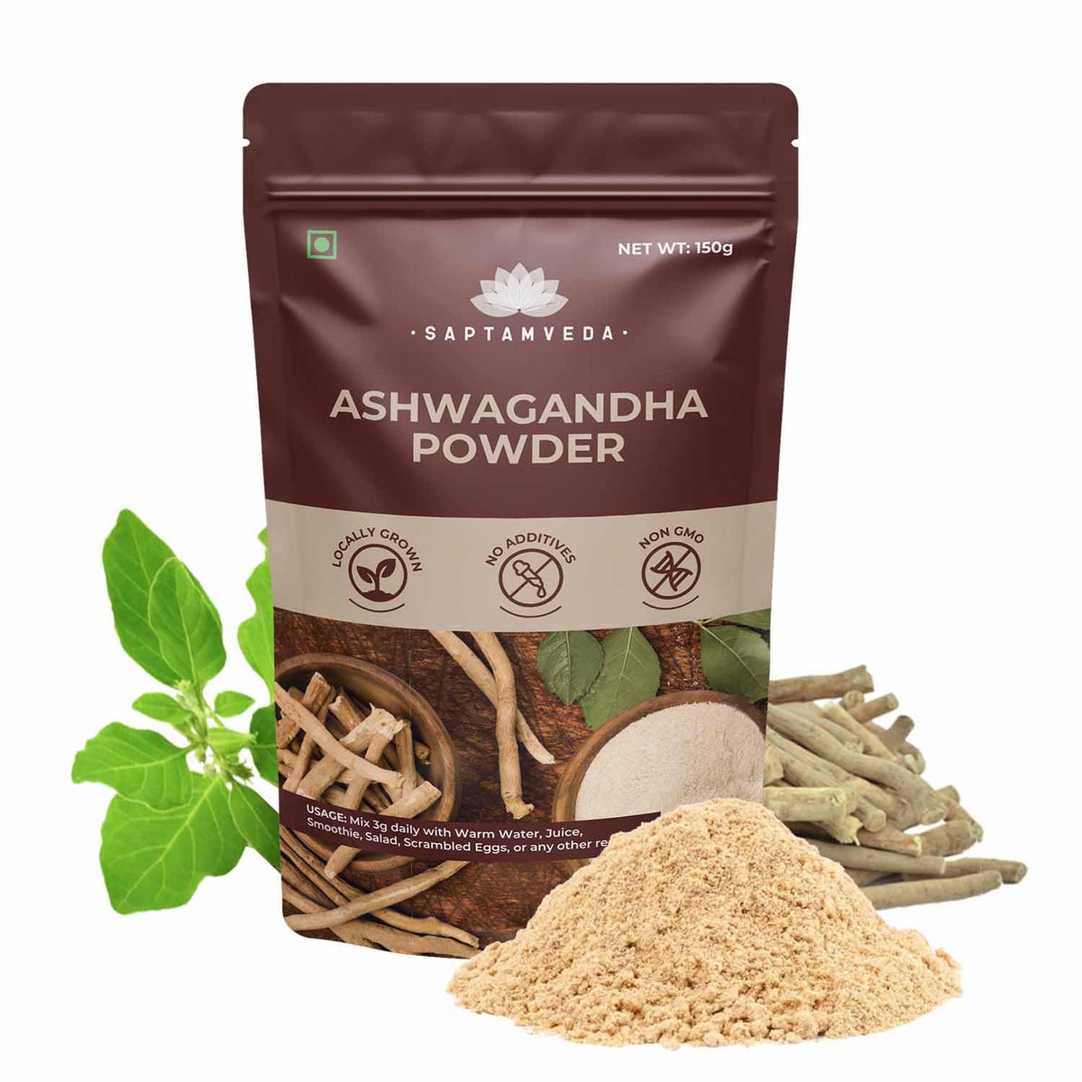 Saptamveda Premium Organic Ashwagandha Roots Powder Withania Somnifera, For Men And Women, Concentrated Extract Ratio Of 5:1. Enhance Your Daily Regimen Effortlessly | 150gm 0.3lbs